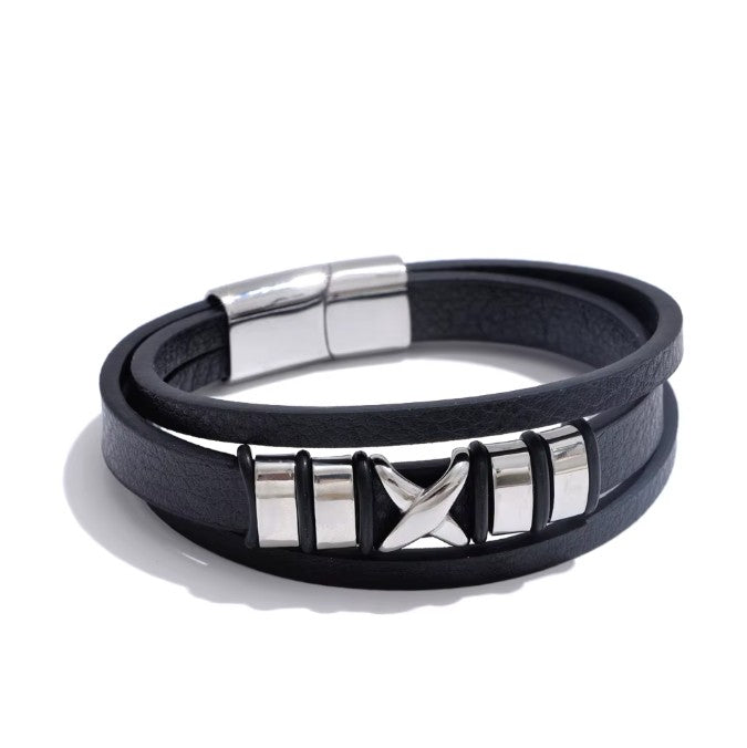 Bratara barbati piele neagra inox Viking