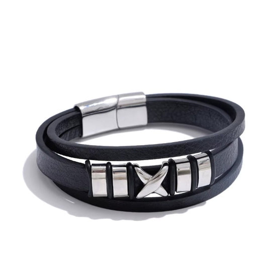 Bratara barbati piele neagra inox Viking